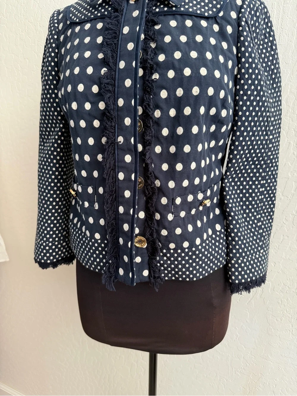 Tory Burch Leonora Polka Dot Fringe Navy Blue Jacket